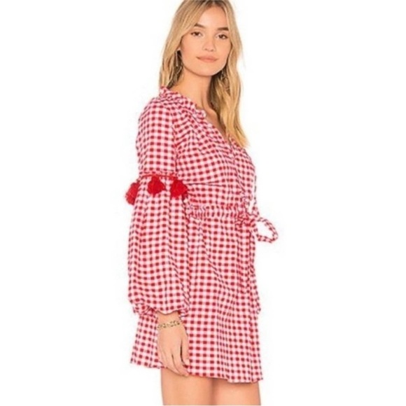 NWT Misa Los Angeles Lissbeth Red White Gingham Plaid Mini Boho Fringe Dress M - Picture 1 of 16